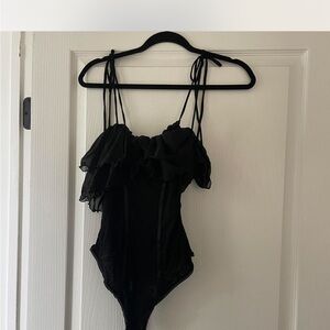 Free People Black Ruffled Bodysuit NWT